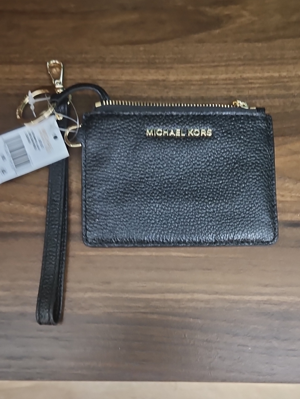Michael Kors Black Pebbled Leather Wristlet Card Case with Gold Hardware
